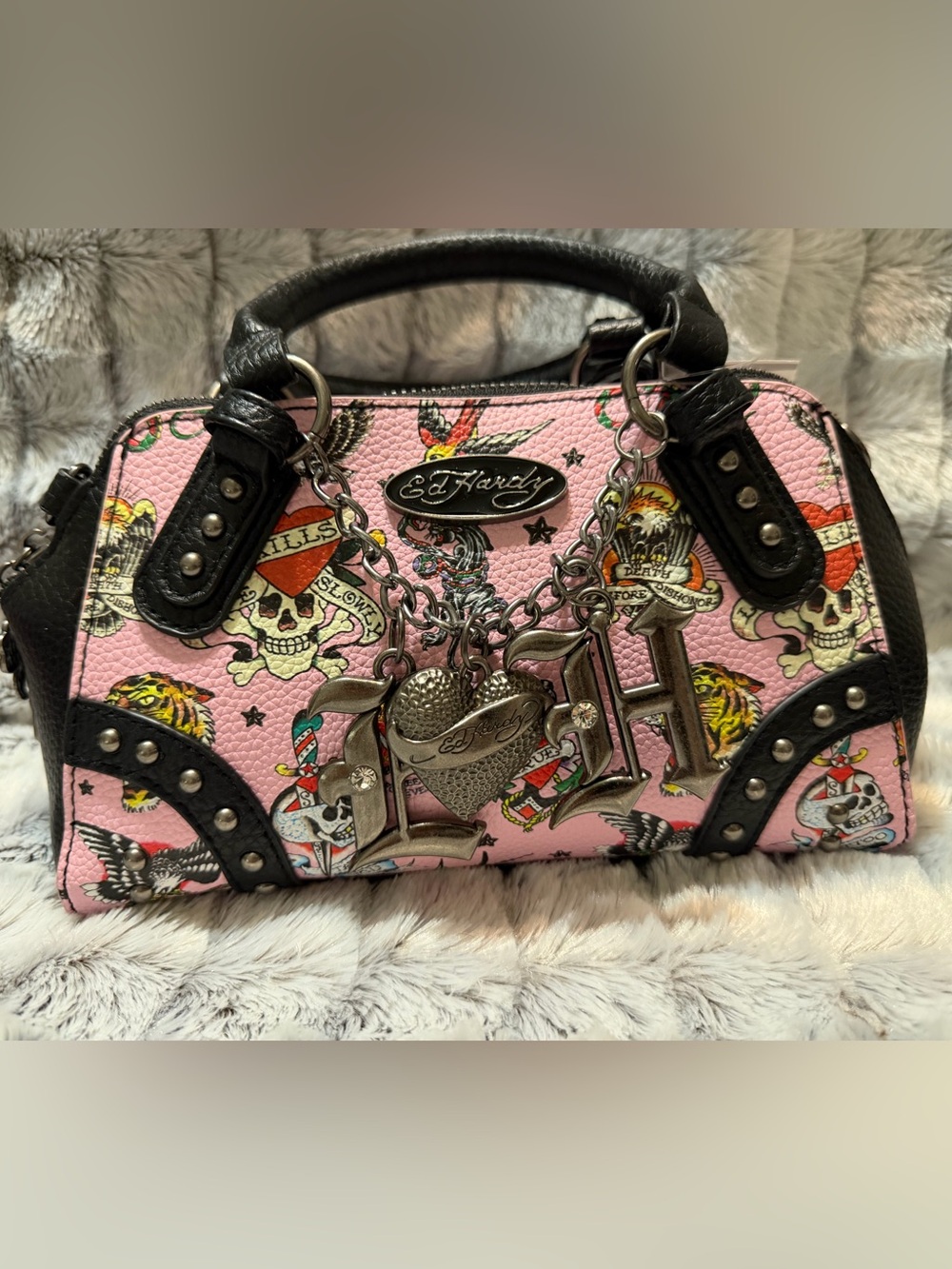 Ed Hardy Pink Tattoo-Print Satchel